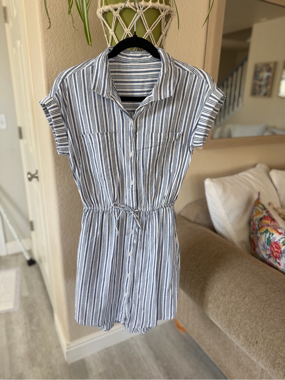 Girls' Blue and White Striped Button-Front Dress